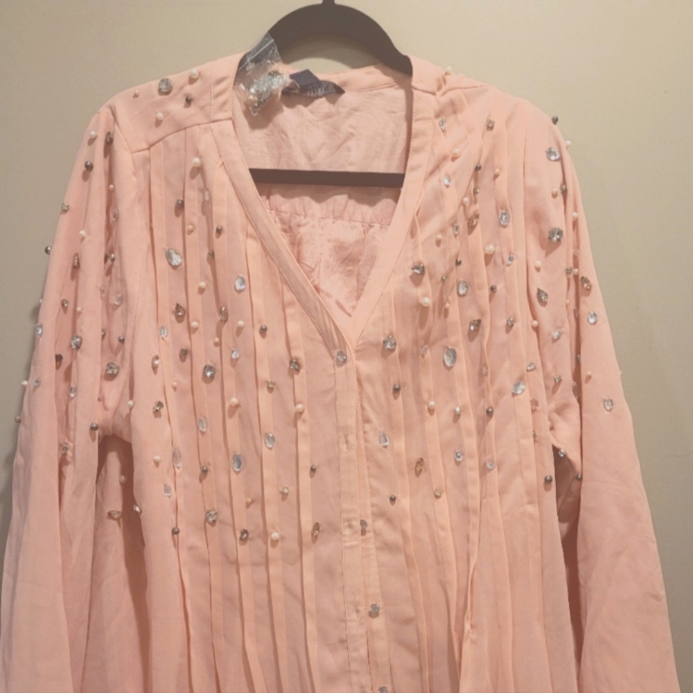Roamans pink button down jeweled blouse NWT